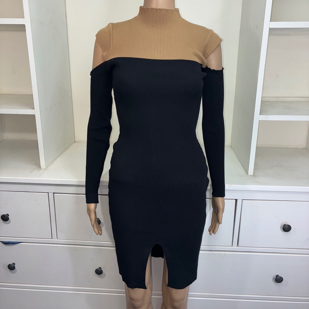 Womens‎ Ribbed Cold Shoulder Mock Neck Long Sleeve Midi Dress Black Tan